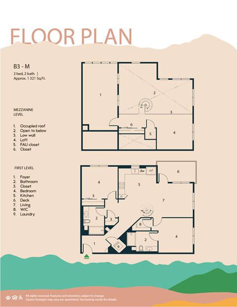 A floor plan for a property at B3 - M shows a 2 bedroom bathroom and a first level with a foyer, bathroom, closet, kitchen, deck, and laundry.